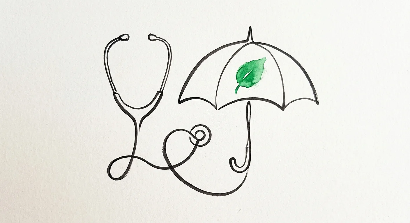 A minimalist ink and watercolor illustration of a stethoscope looping to form a protective umbrella over a small green leaf.