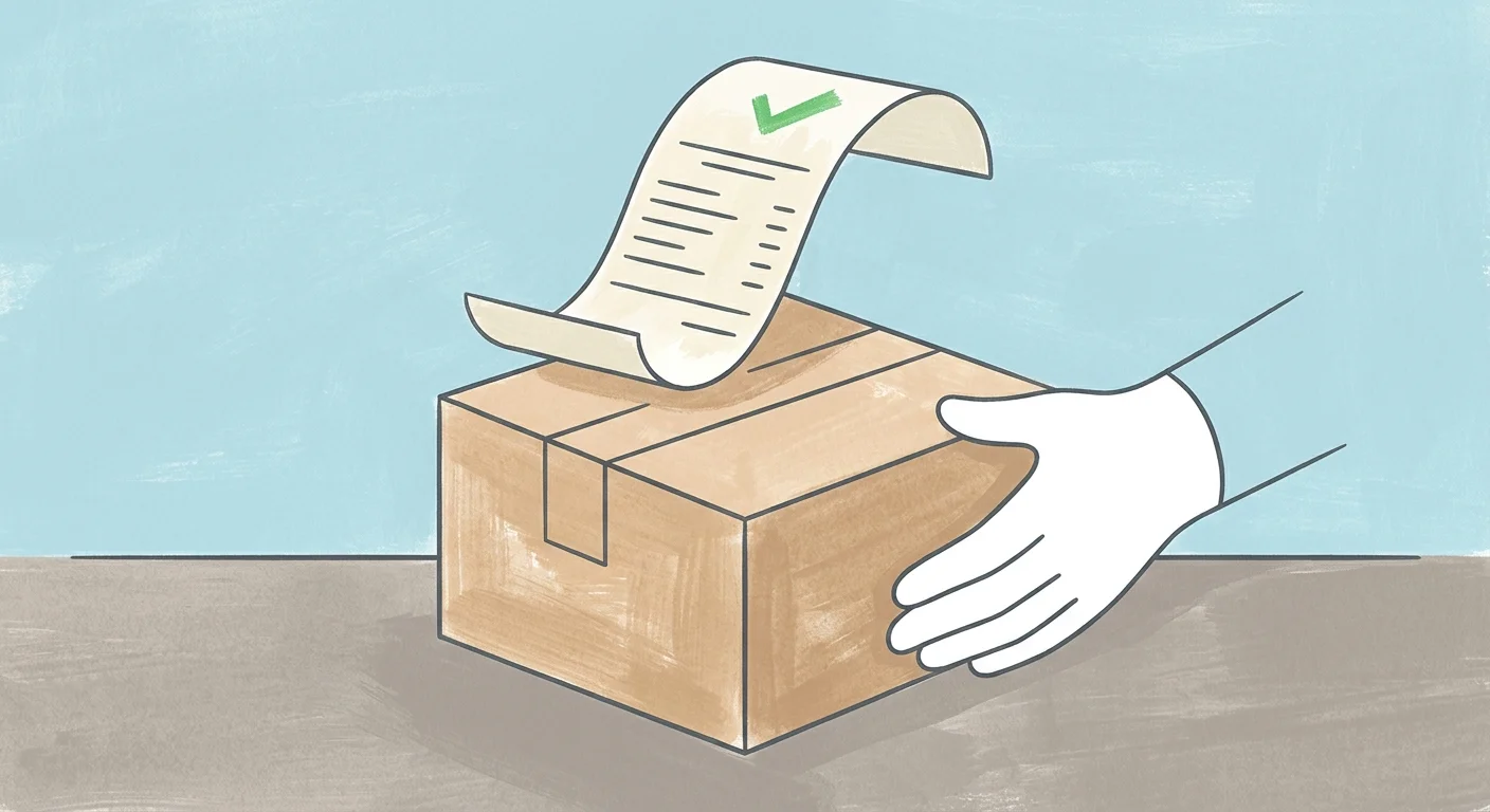A minimalist mid-century style illustration of a hand returning a box with a receipt marked with a green check.