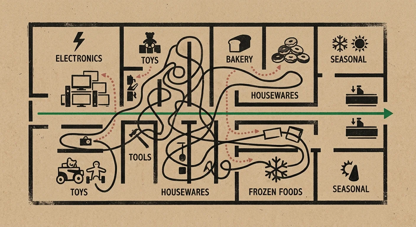 A minimalist vector illustration showing a chaotic red spiral route through a store maze versus a straight green line representing a shoppin