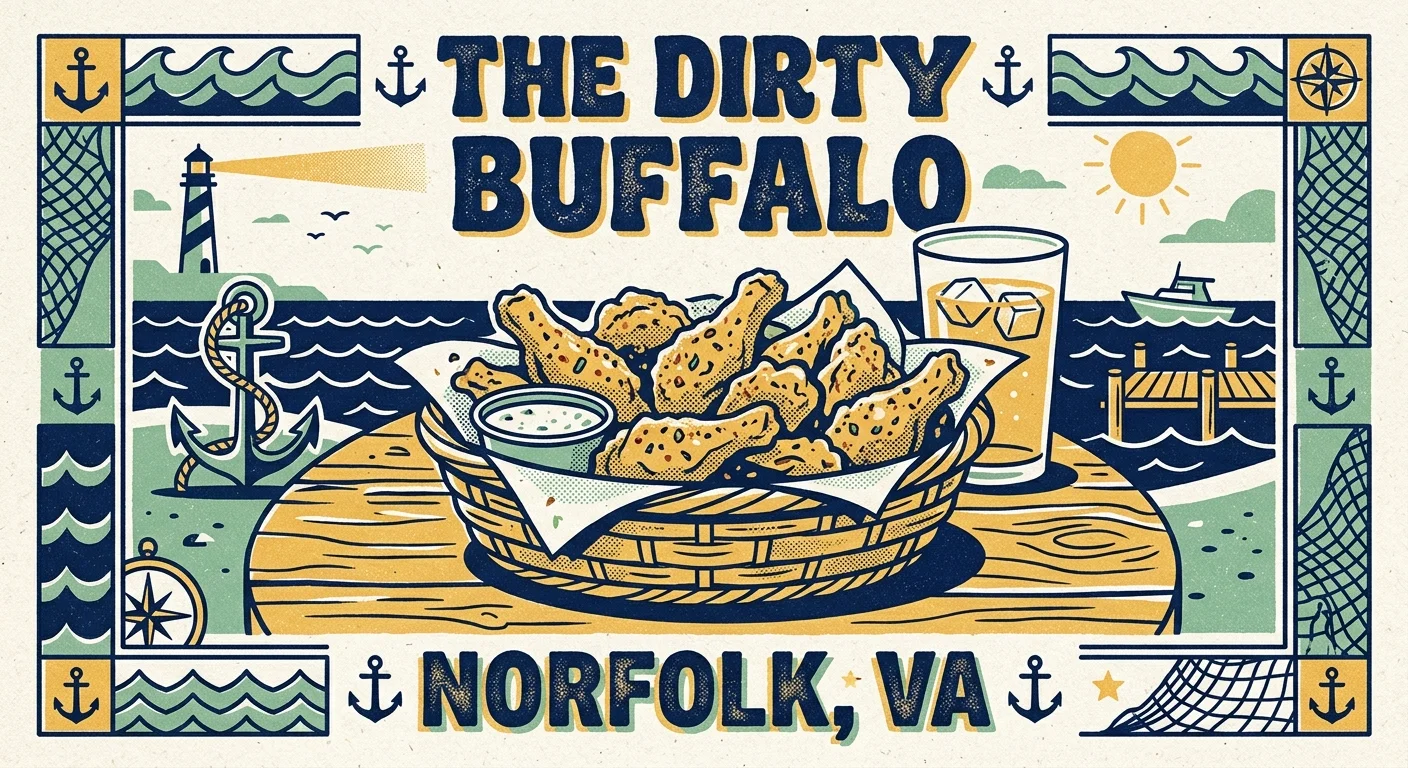A navy and seafoam green risograph print of a basket of wings with nautical anchors and waves in Norfolk, Virginia.