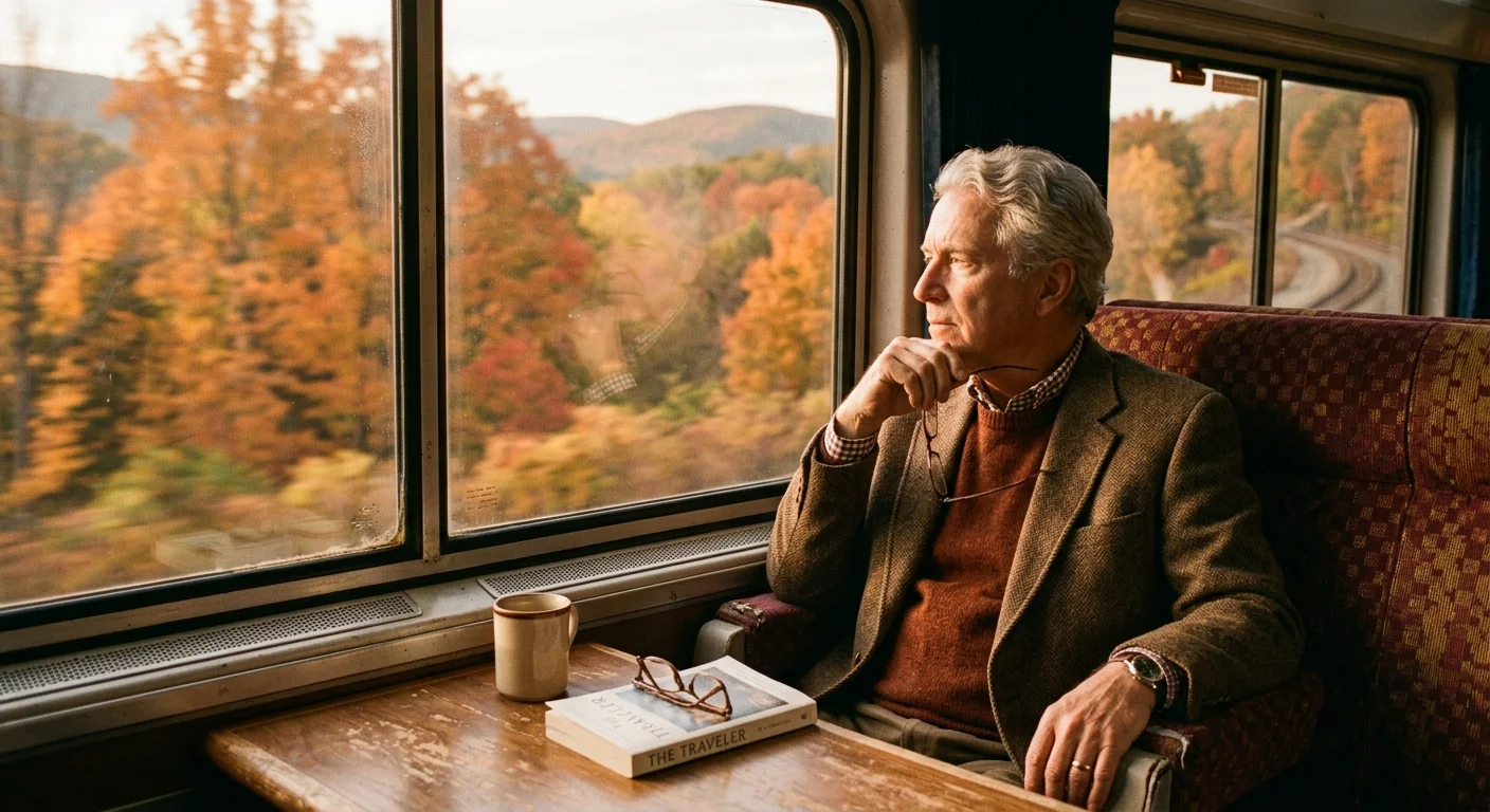 A nostalgic 35mm film photo of a senior man looking out a train window at autumn trees in the warm afternoon sun.