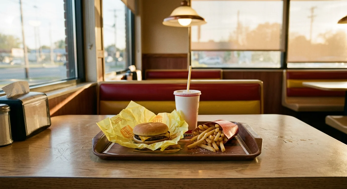 A nostalgic 35mm film photo of a simple cheeseburger and fries on a brown tray inside a classic fast-food booth with warm lighting.