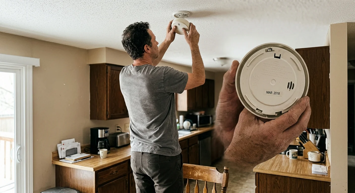 A person standing on a kitchen chair reaches up to remove a dusty smoke detector from the ceiling to check its expiration date.