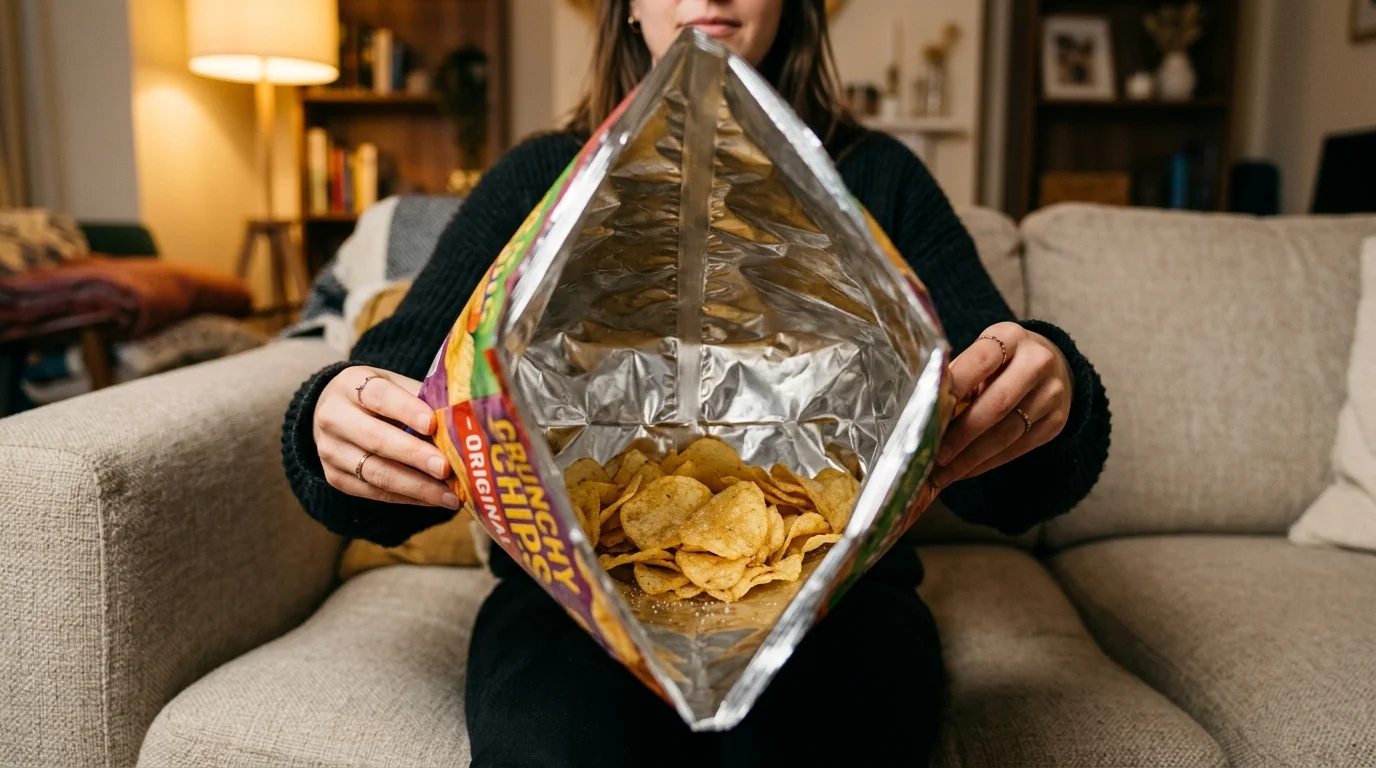 A photo looking down into a freshly opened bag of potato chips, showing it is mostly filled with air and very few chips.