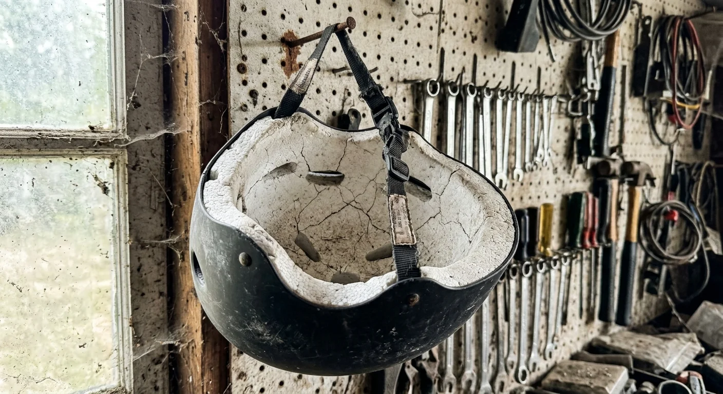 A photo of an old bicycle helmet hanging on a pegboard, showing hairline cracks in the interior protective foam.