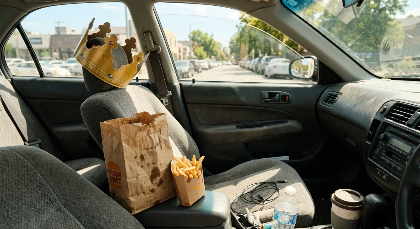 A realistic photo of a brown paper bag, golden fries, and a cardboard toy crown on a gray car seat during a sunny afternoon.