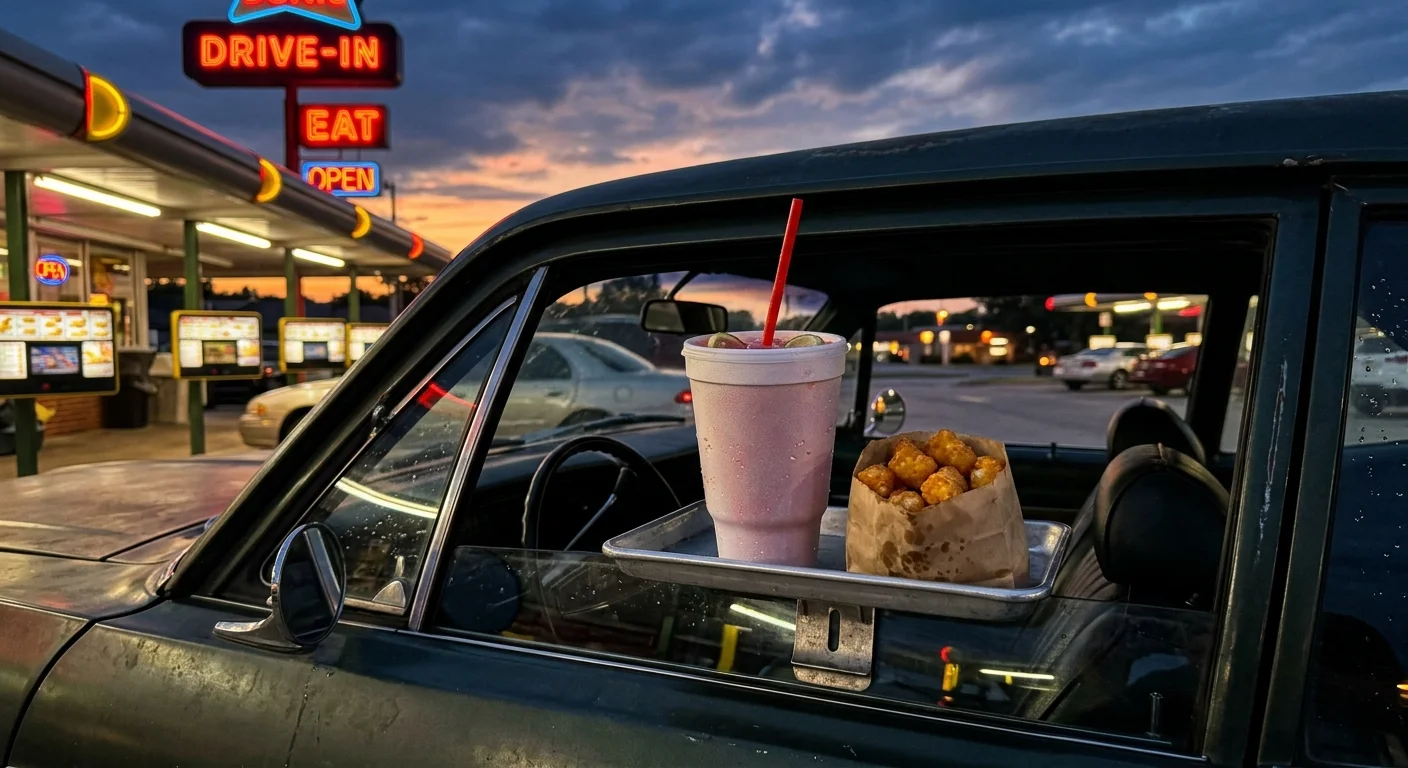 A realistic photo of a metal window tray on a car door holding a cherry limeade and tater tots at twilight under drive-in neon lights.
