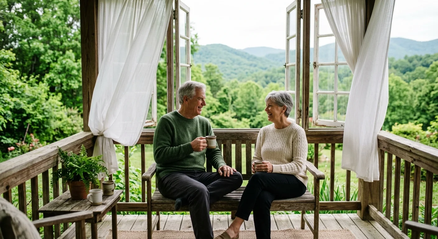 A retired couple relaxing on a wooden porch with open windows looking out towards the green foothills of the Blue Ridge Mountains.