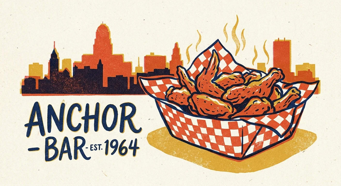 A retro red and blue risograph print of a basket of wings, celebrating Anchor Bar in Buffalo, New York.