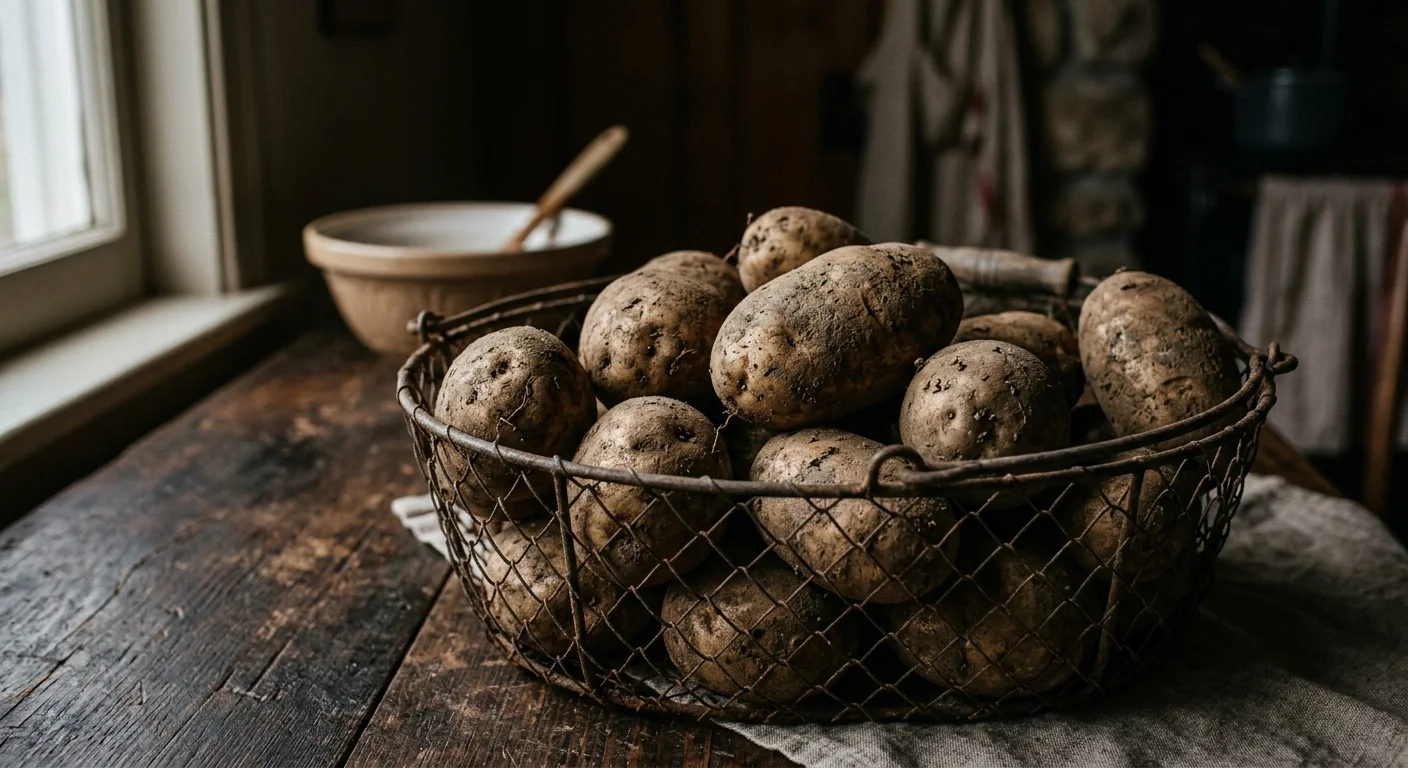 A rustic still life photograph of unpeeled Russet potatoes in a vintage wire basket on a dark wooden table.