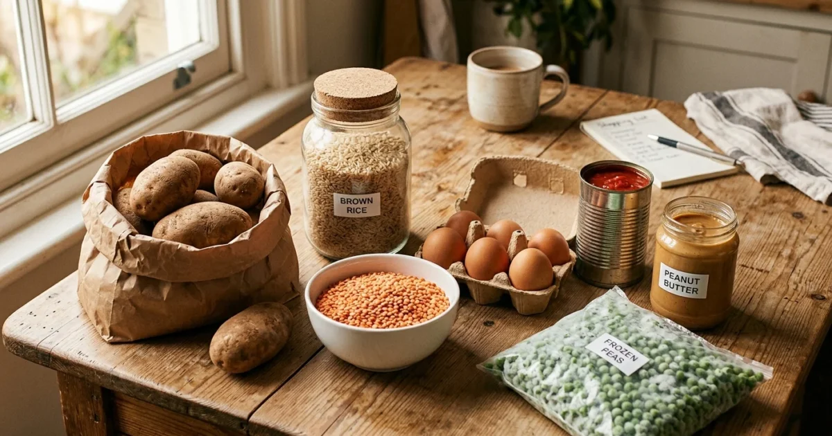 A rustic wooden kitchen table covered with simple, budget-friendly grocery staples like dried beans, oats, eggs, brown rice, and potatoes.