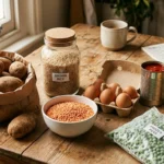 A rustic wooden kitchen table covered with simple, budget-friendly grocery staples like dried beans, oats, eggs, brown rice, and potatoes.