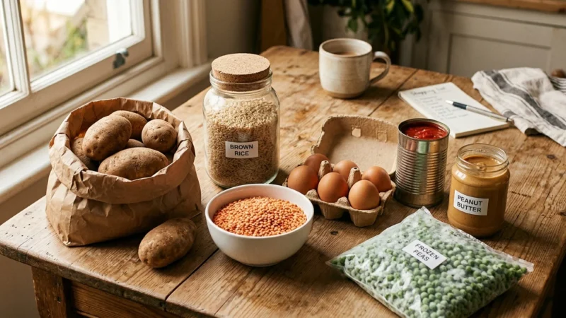 A rustic wooden kitchen table covered with simple, budget-friendly grocery staples like dried beans, oats, eggs, brown rice, and potatoes.