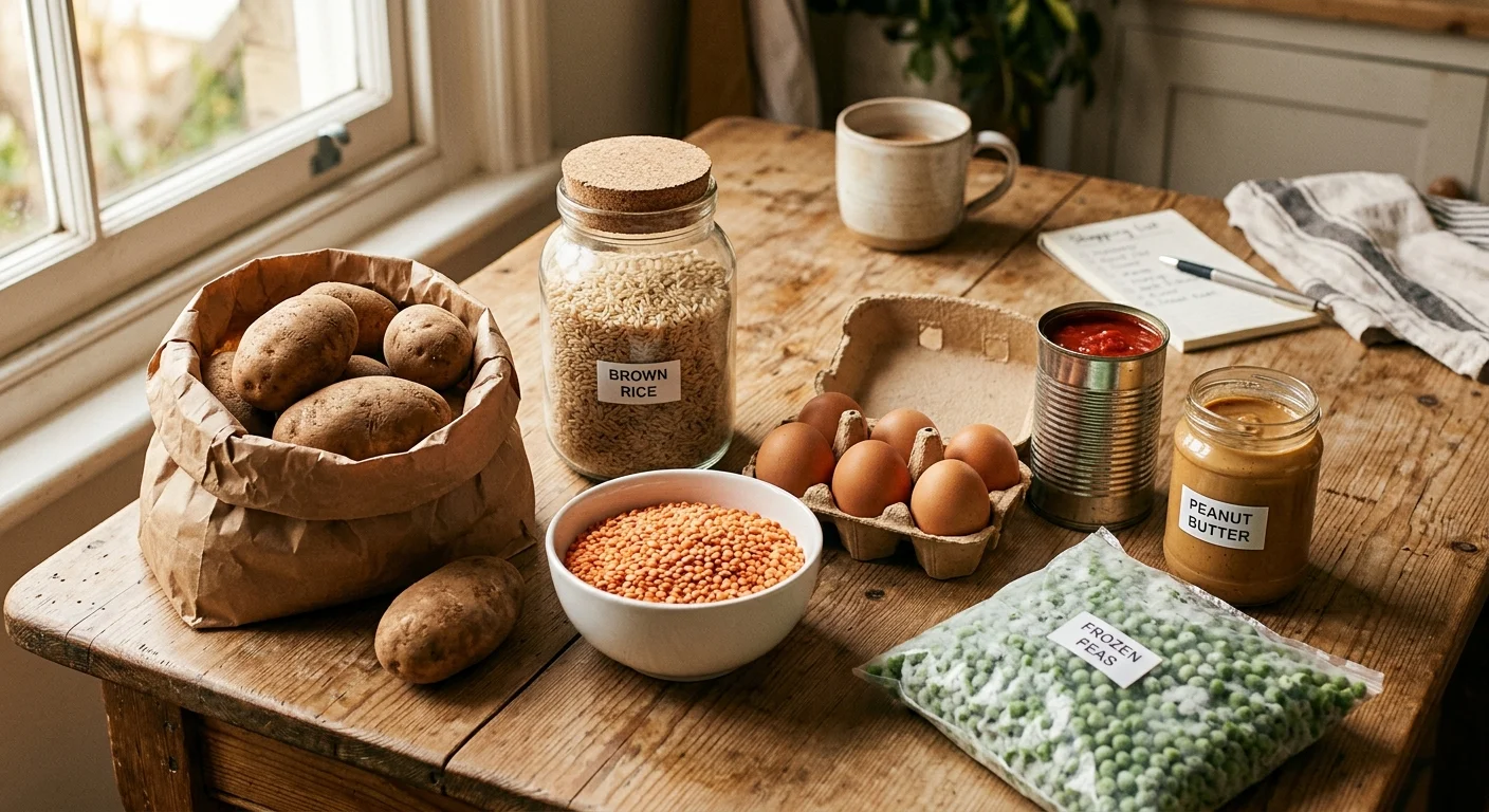 A rustic wooden kitchen table covered with simple, budget-friendly grocery staples like dried beans, oats, eggs, brown rice, and potatoes.