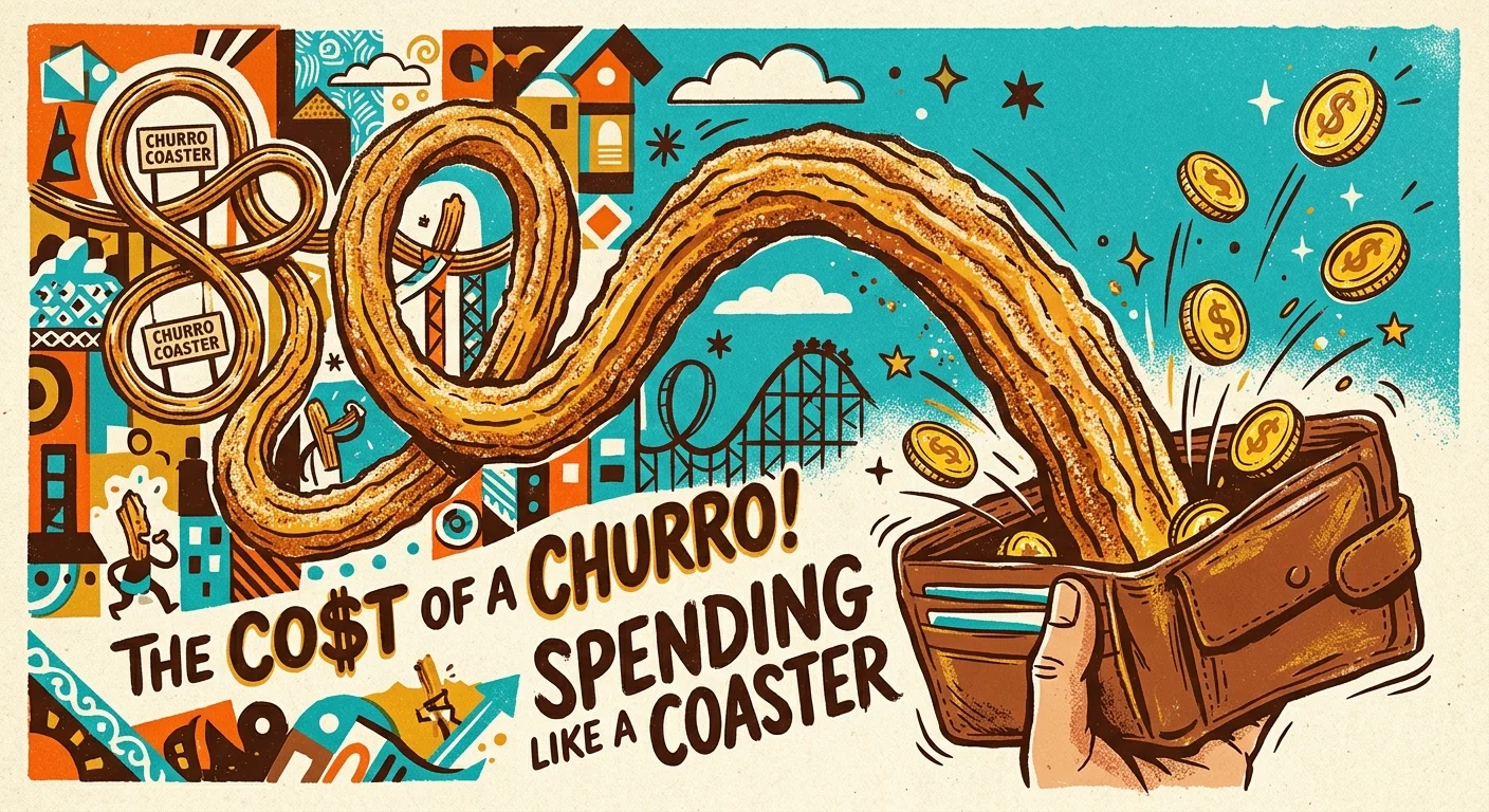 A screenprint illustration of a giant churro shaped like a roller coaster plunging into an empty wallet.