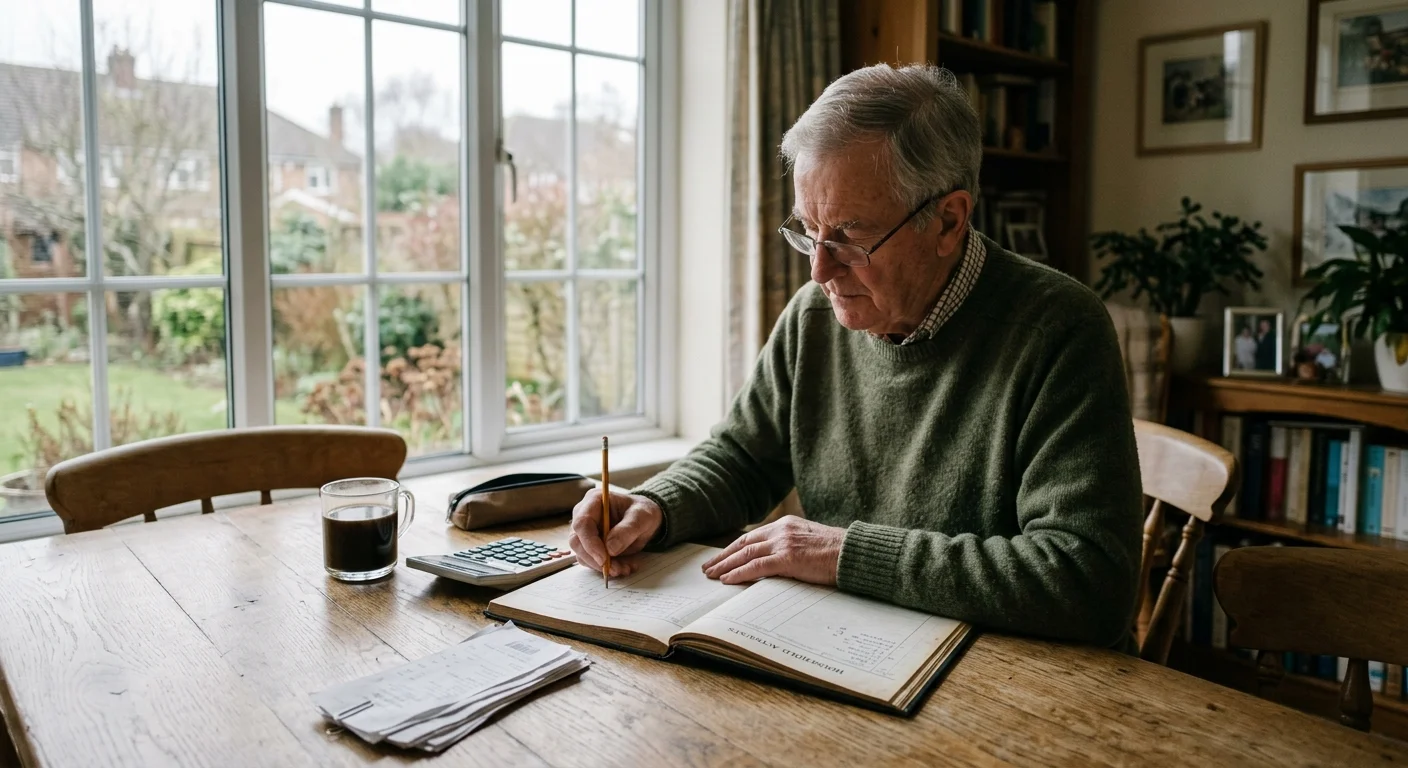 A senior man peacefully reviewing his budget and receipts with a pencil and calculator at his kitchen table.
