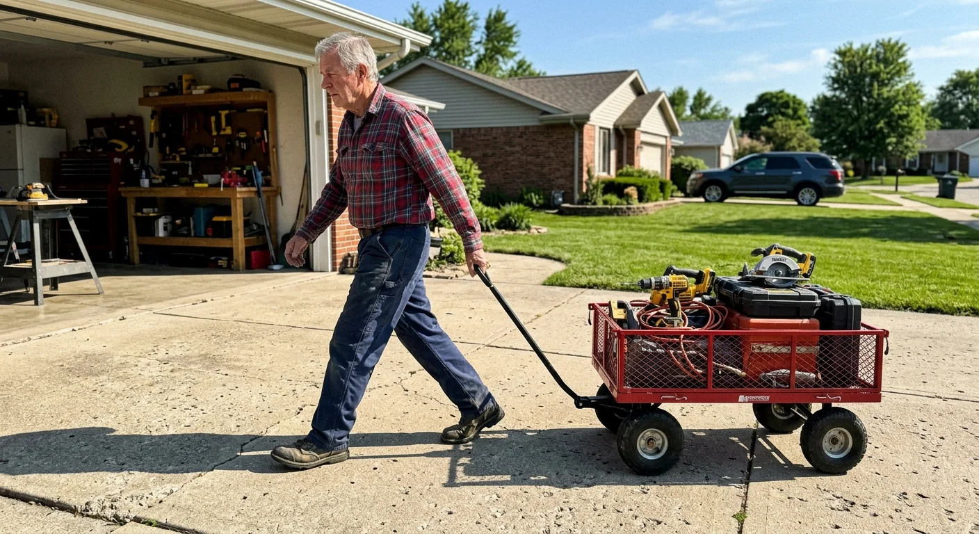 A senior man pulling a red wagon loaded with power tools down his driveway in sunny morning light.
