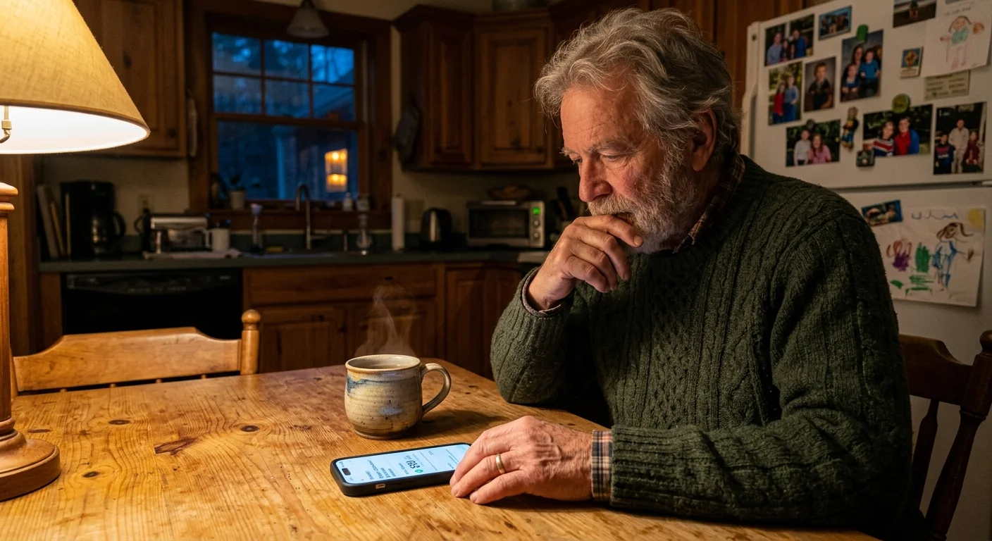 A senior man sitting at a cozy kitchen table looks at a smartphone displaying a thirty dollar monthly senior plan cell phone bill.