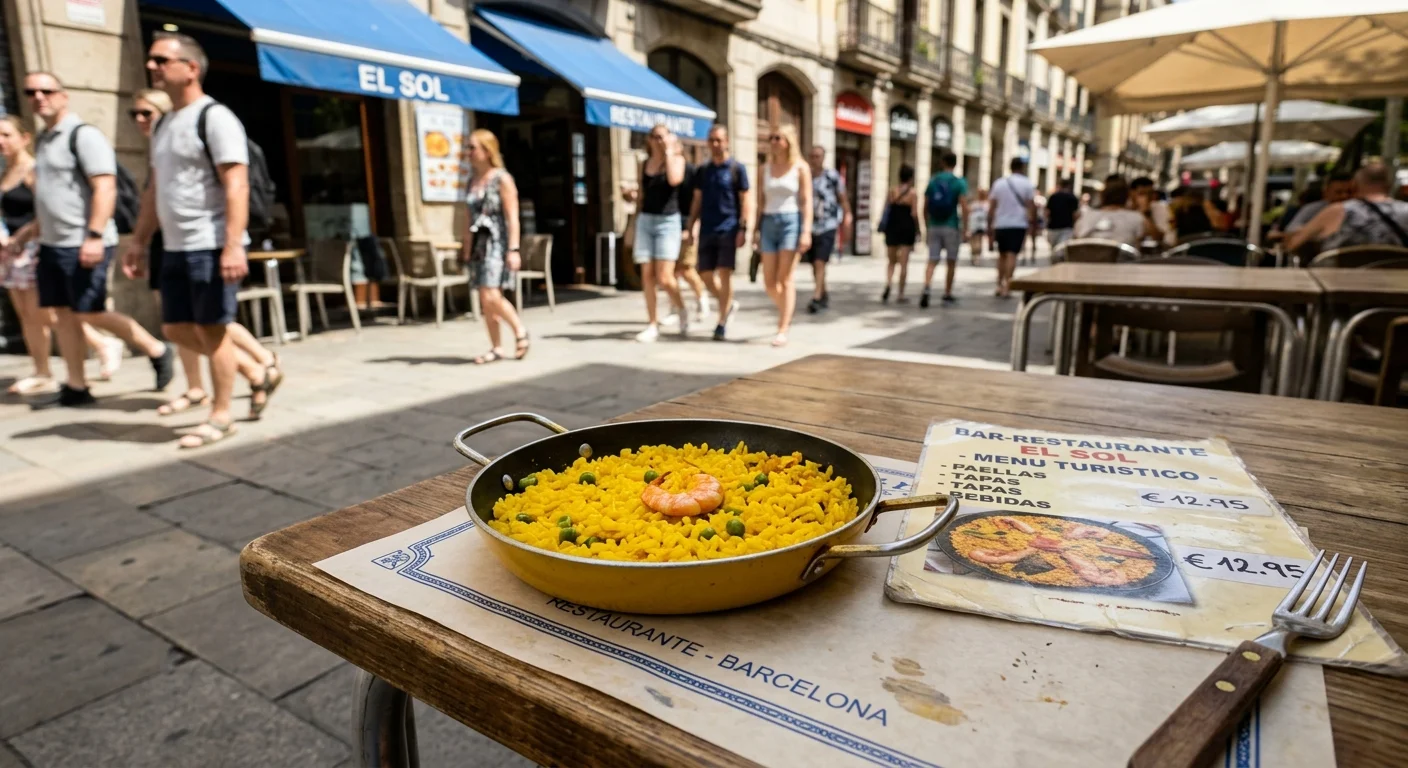 A snapshot of a disappointing, yellow-dyed paella with a single shrimp on an outdoor restaurant table in Barcelona.