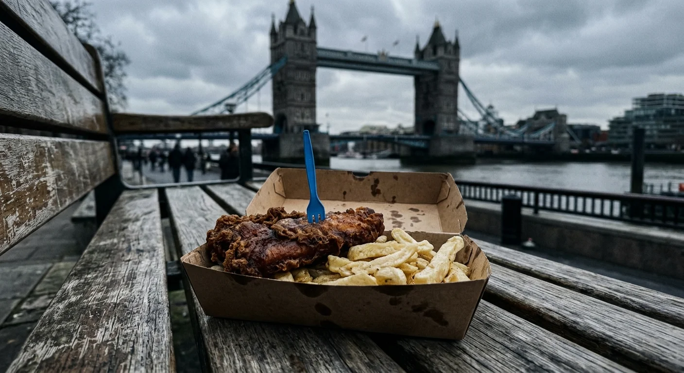 A snapshot of a greasy box of fish and chips sitting on a wooden bench with London's Tower Bridge blurred in the background.