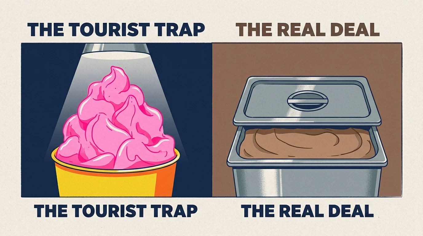 A split-screen illustration comparing a giant neon-pink mountain of gelato with a flat, natural brown gelato in a metal tub.