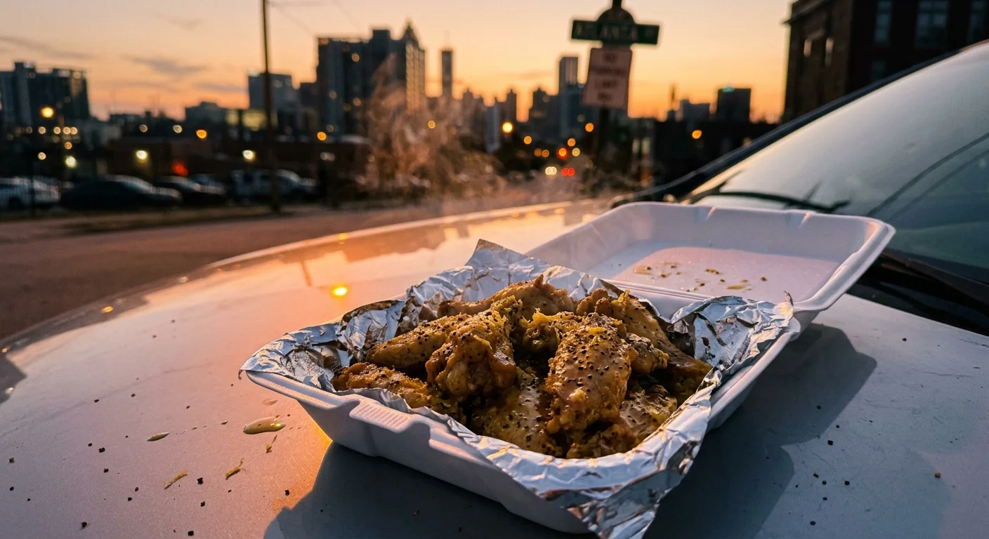 A street-style photo of lemon pepper wet wings in a takeout box resting on a car hood at sunset.
