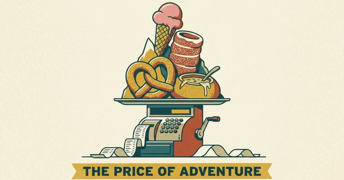 A stylized mid-century illustration of a mountain of tourist foods stacked on top of a cash register with receipts flying out.