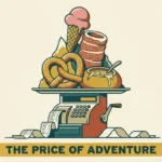 A stylized mid-century illustration of a mountain of tourist foods stacked on top of a cash register with receipts flying out.