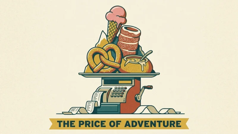 A stylized mid-century illustration of a mountain of tourist foods stacked on top of a cash register with receipts flying out.