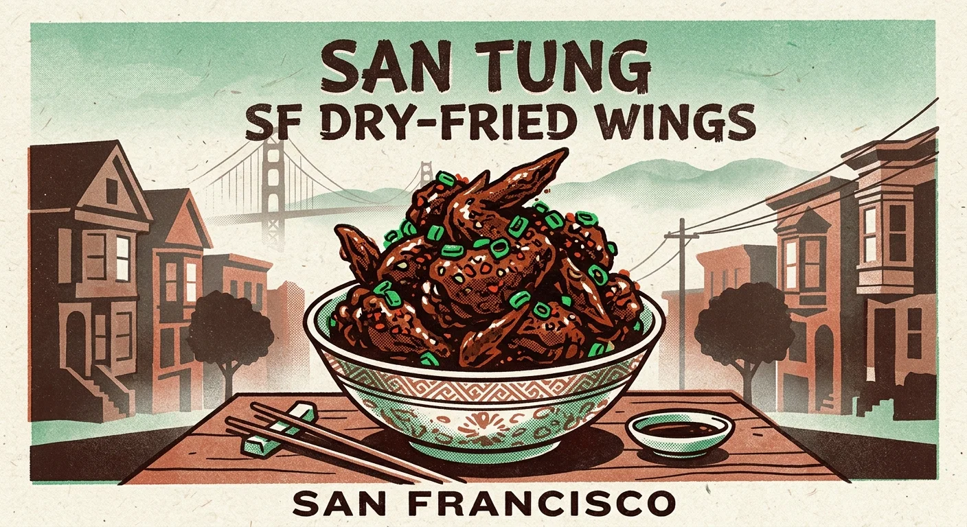 A stylized red and green risograph print of San Tung's famous glazed dry-fried chicken wings in San Francisco.