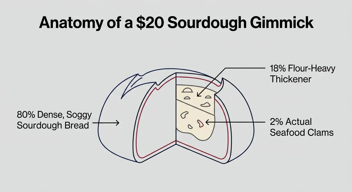 A technical cross-section diagram showing a sourdough bread bowl consisting mostly of bread and flour with very little seafood.