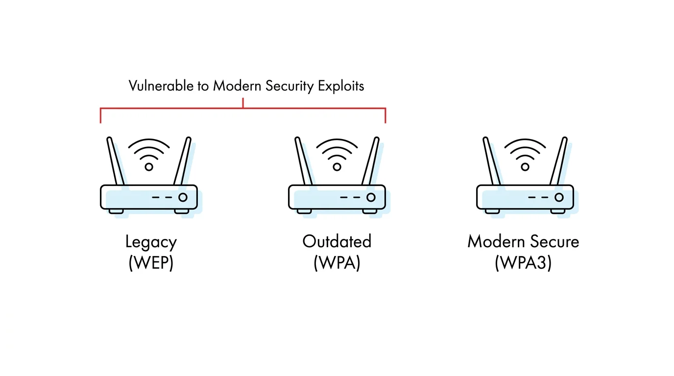 A technical diagram showing the progression of Wi-Fi security protocols, labeling legacy versions as vulnerable to security exploits.