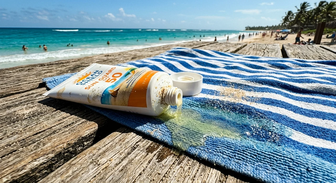 A tube of sunscreen on a beach towel under bright sunlight, leaking a separated, oily yellow liquid instead of cream.