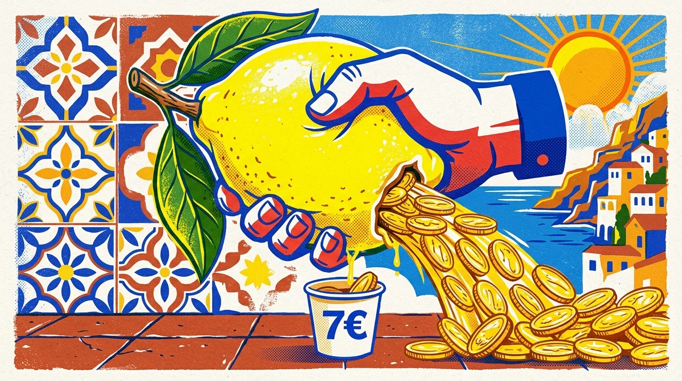 A vibrant graphic illustration of a giant yellow lemon being squeezed, with gold coins pouring out into a seven-euro cup.