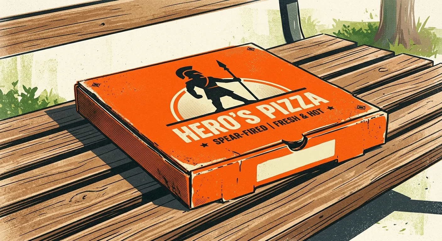 A vibrant orange and brown screenprint illustration of a pizza box resting on a wooden park bench under bright daylight.