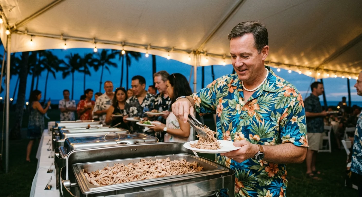 A warm 35mm film photo of a guest scooping shredded pork from a buffet chafing dish at an outdoor Hawaiian luau.