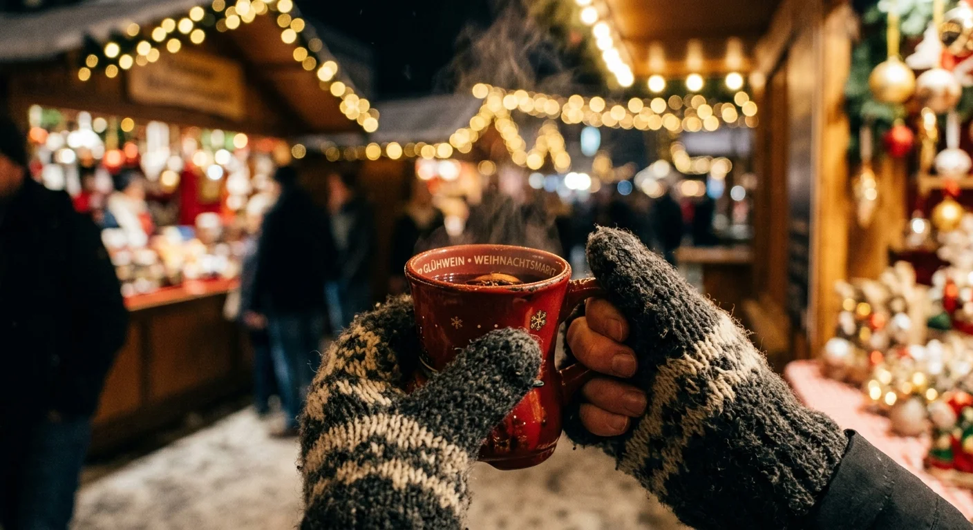 A warm 35mm film photo of hands in mittens holding a steaming red ceramic boot mug of mulled wine at a Christmas market.