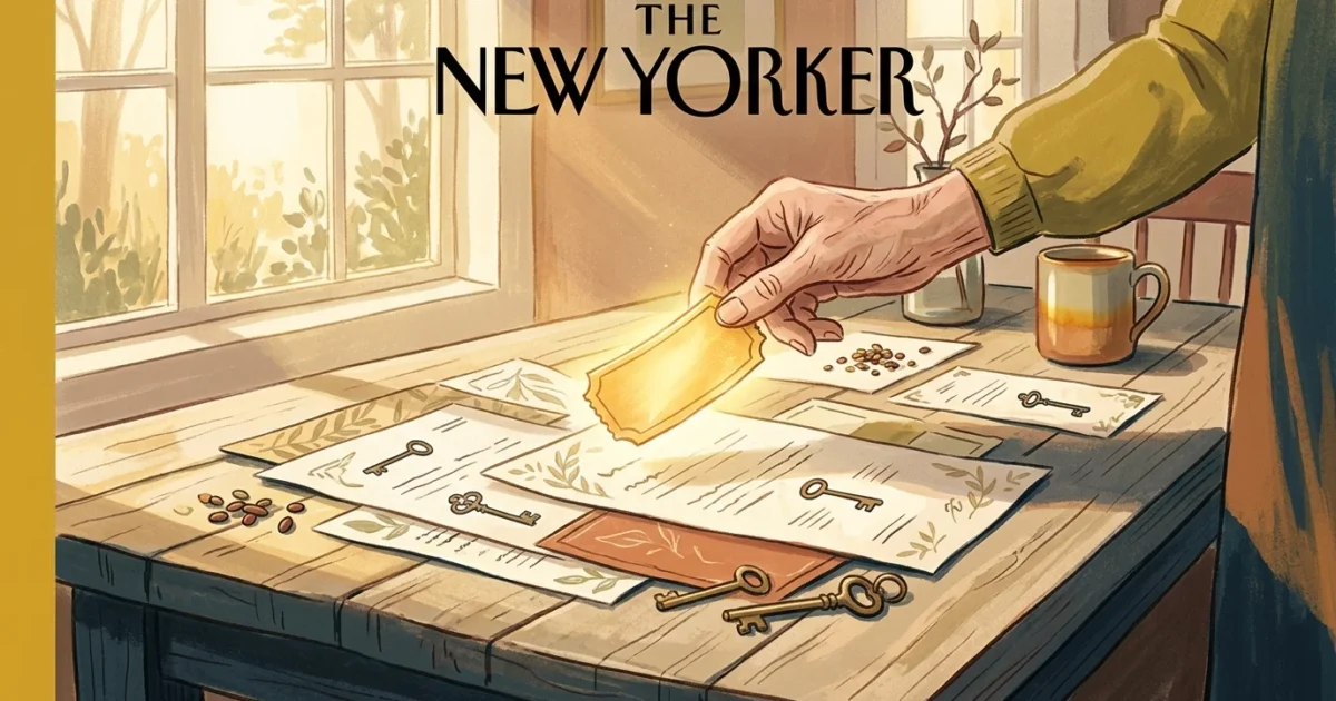 A warm gouache illustration of a senior's hand picking up a glowing gold ticket from a sunlit wooden table surrounded by quiet paperwork.