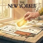 A warm gouache illustration of a senior's hand picking up a glowing gold ticket from a sunlit wooden table surrounded by quiet paperwork.