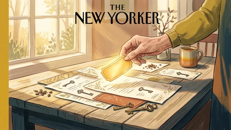 A warm gouache illustration of a senior's hand picking up a glowing gold ticket from a sunlit wooden table surrounded by quiet paperwork.