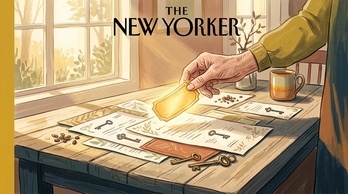 A warm gouache illustration of a senior's hand picking up a glowing gold ticket from a sunlit wooden table surrounded by quiet paperwork.