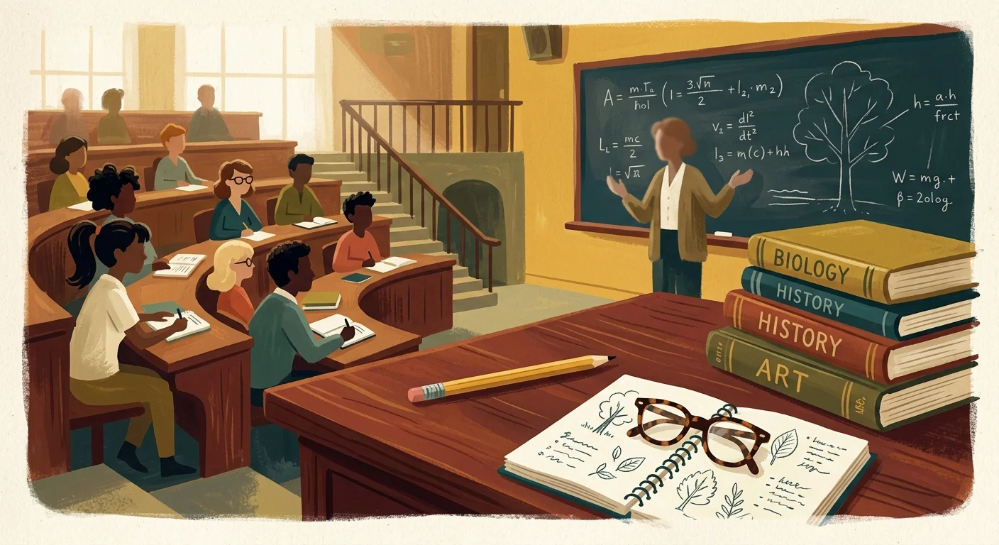 A warm gouache illustration of a university lecture hall desk with books, a notebook, and glasses, capturing the joy of lifelong learning.