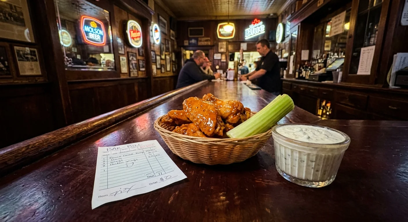 A warm snapshot of a wing basket and blue cheese on a dark wooden bar counter with a handwritten bill.