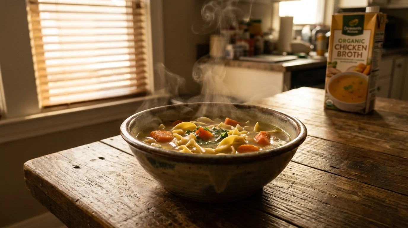 A warm, steaming bowl of chicken noodle soup sitting on a rustic wooden dining table with soft afternoon light.