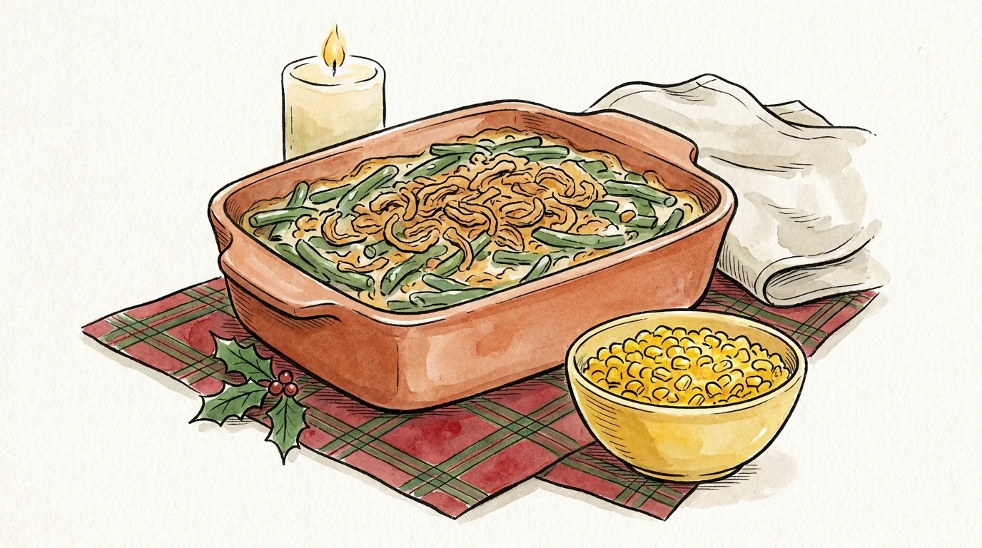 A warm watercolor illustration of a table setting featuring a green bean casserole and sweet corn side dish.
