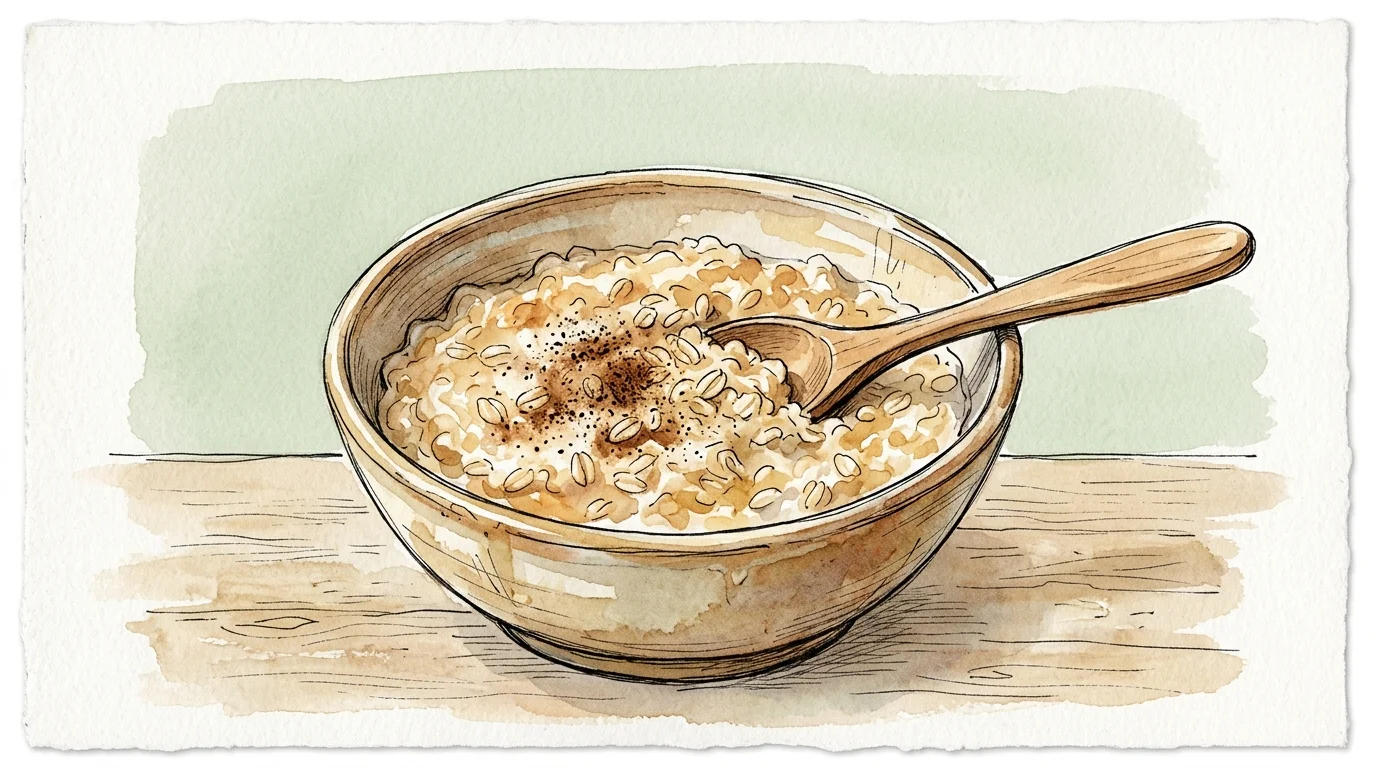 A watercolor and ink illustration of a warm, comforting bowl of oatmeal with a wooden spoon, rendered in soft earthy tones.