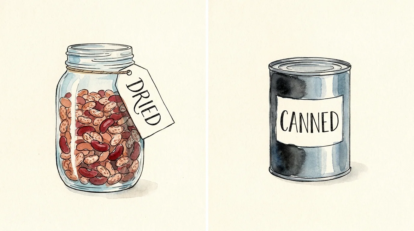 A watercolor comparison of a jar labeled 'DRIED' containing raw beans and a can labeled 'CANNED' representing ready-to-eat beans.