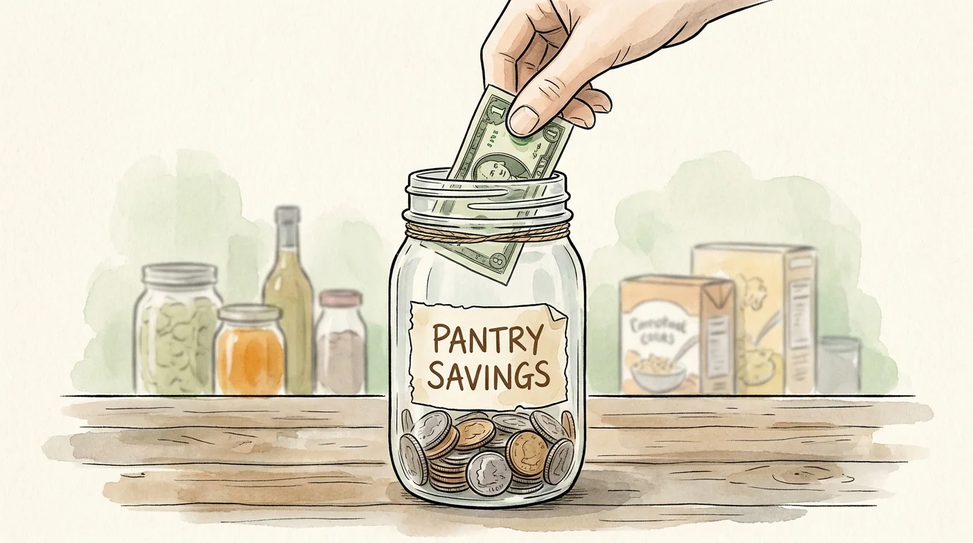A watercolor illustration of a hand saving money in a glass jar labeled 'PANTRY SAVINGS' next to faint outlines of food tins.