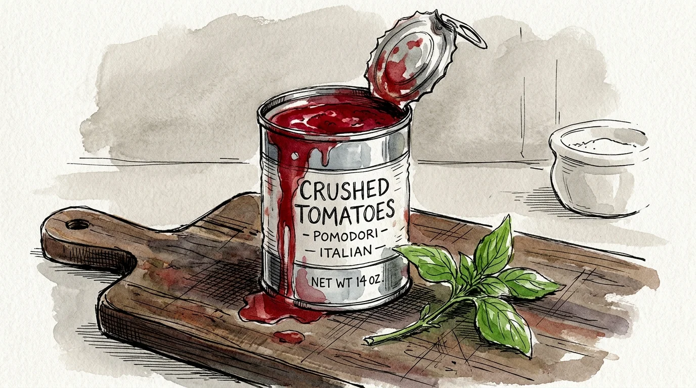 A watercolor illustration of an open tin can of crushed red tomatoes next to a sprig of green basil on a cutting board.