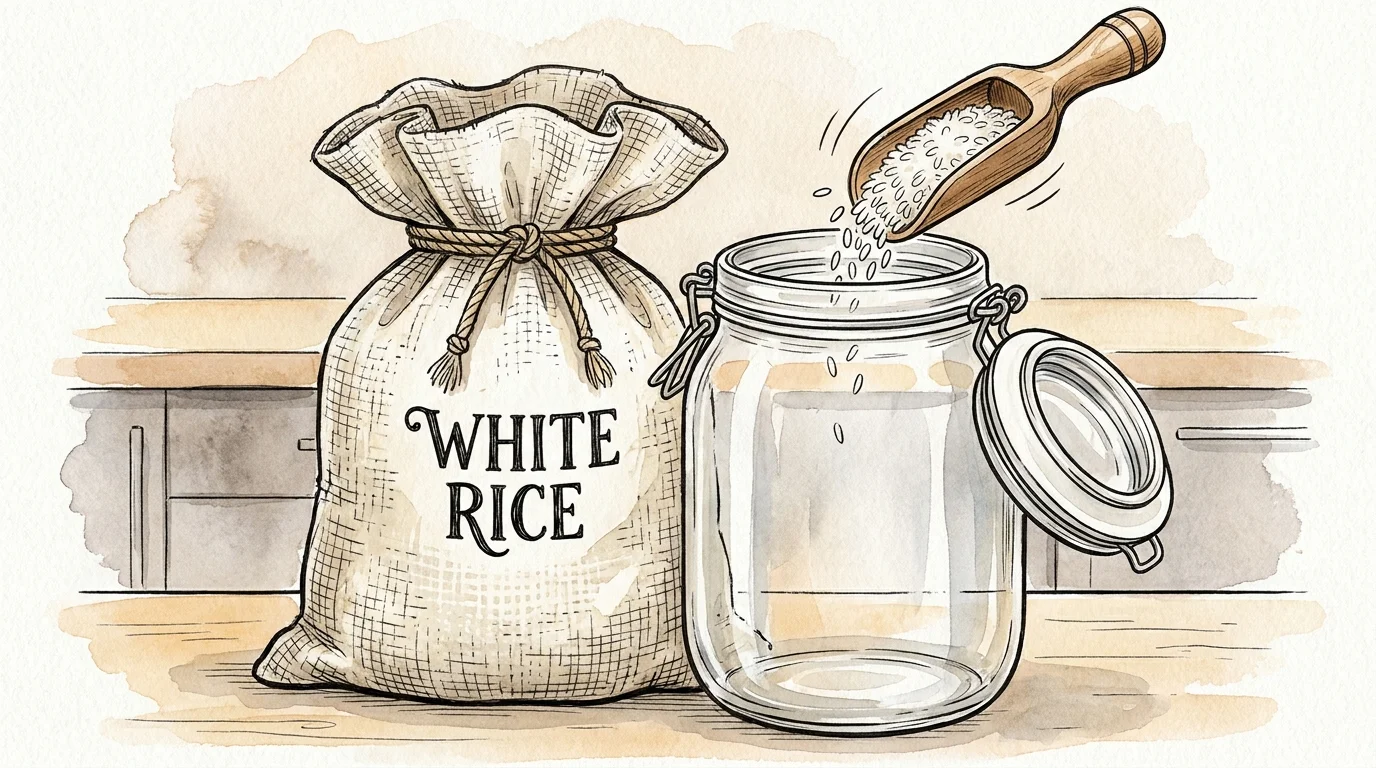 A watercolor illustration showing white rice being scooped from a bulk bag into a large glass storage jar with an airtight lid.